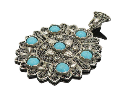 925 Sterling Silver  Vintage Cabochon Cut Turquoise Filigree Pendant  PT6285