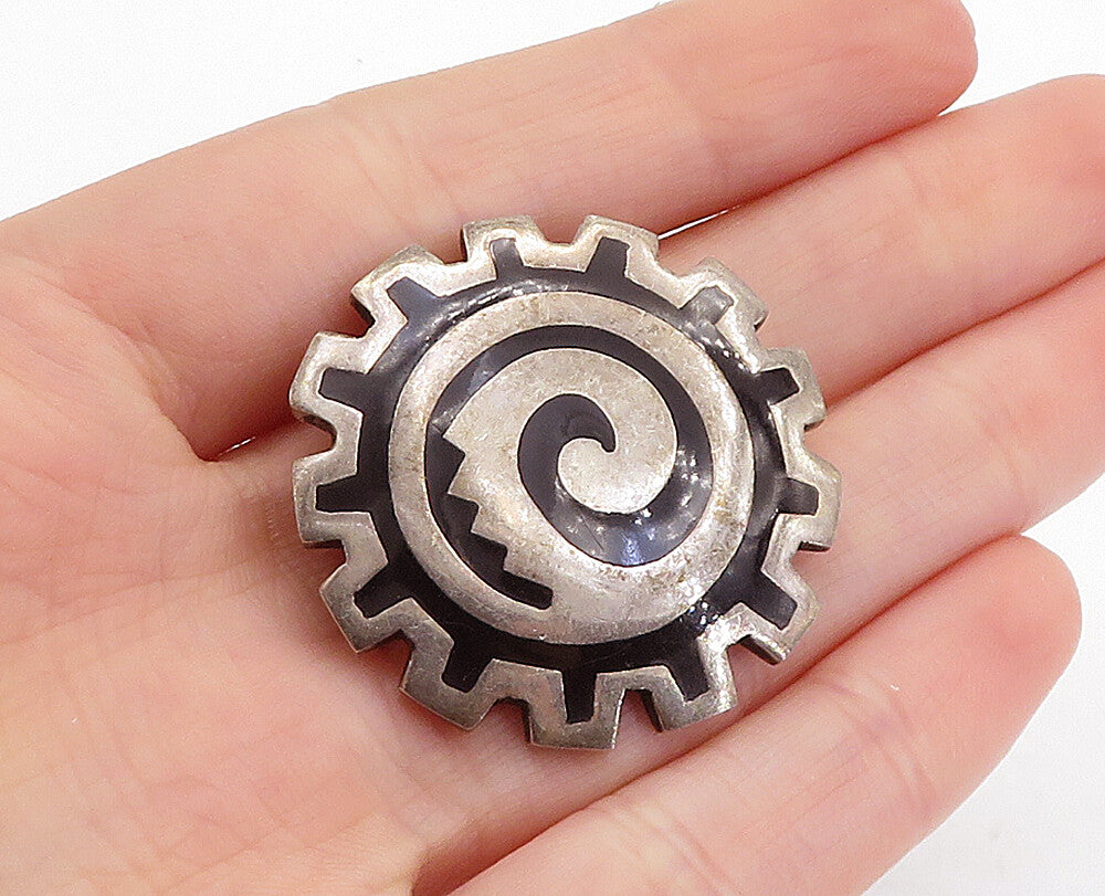 MEXICO 925 Sterling Silver  Vintage Black Onyx Pattern Brooch Pin  BP2108