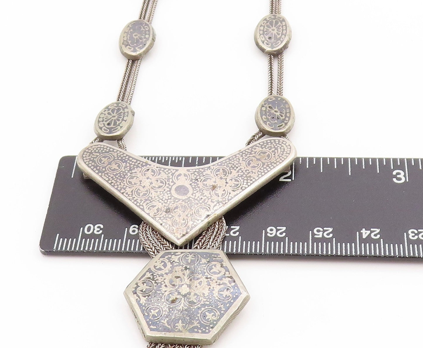 925 Sterling Silver Vintage Necklace Ethnic Geometric Disc & Tassel Chain NE4623