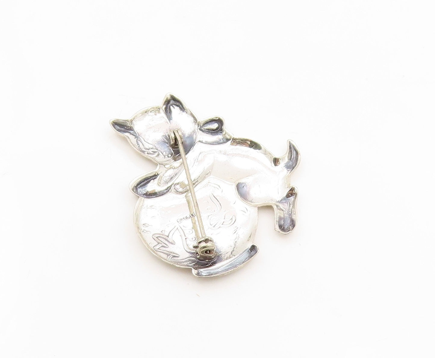 925 Sterling Silver Vintage Brooch Etched Kitten Hugging Fishbowl Pin  BP12111
