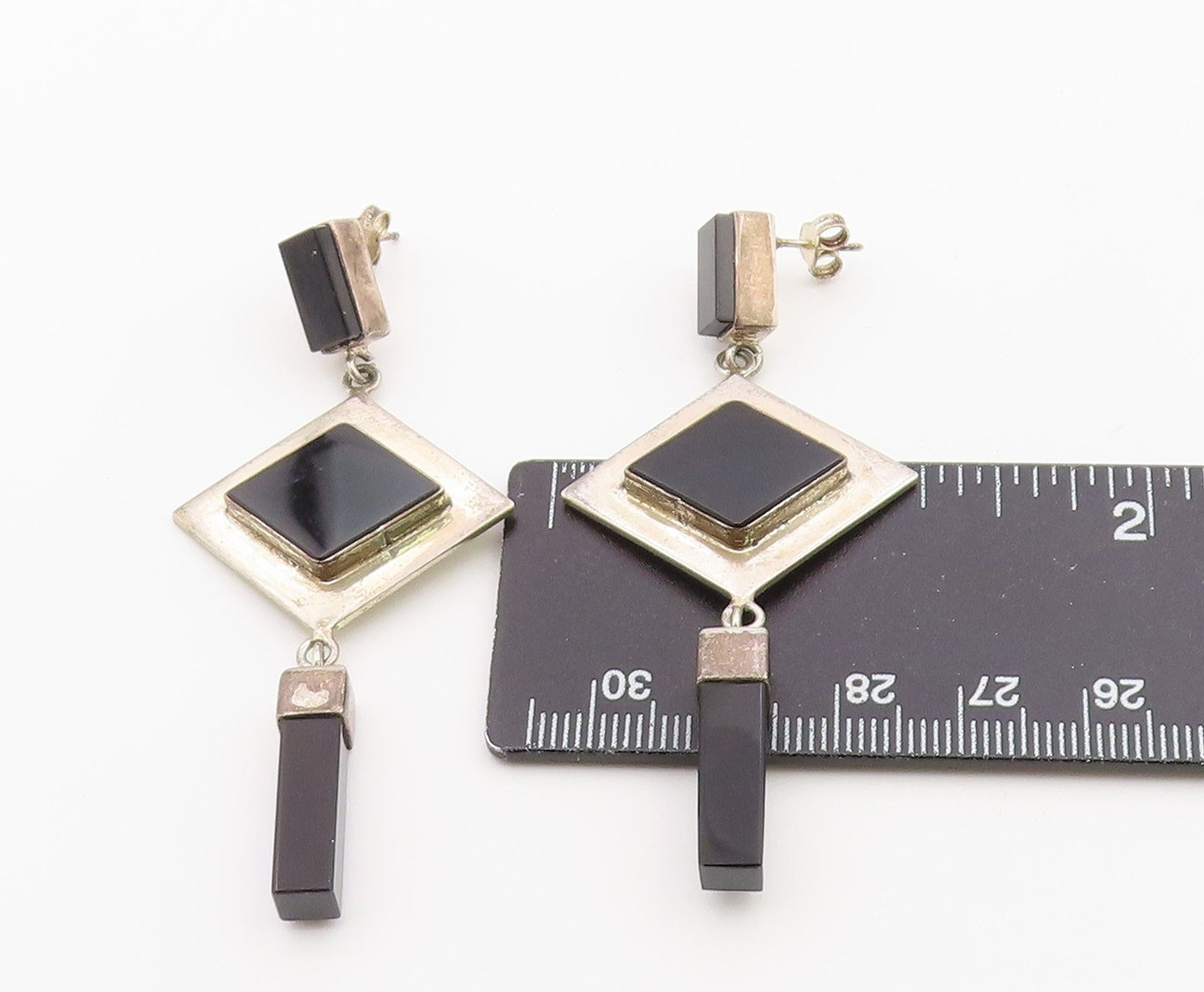 925 Sterling Silver Vintage Earrings MEXICO Black Onyx Geometric Dangle  EG14441