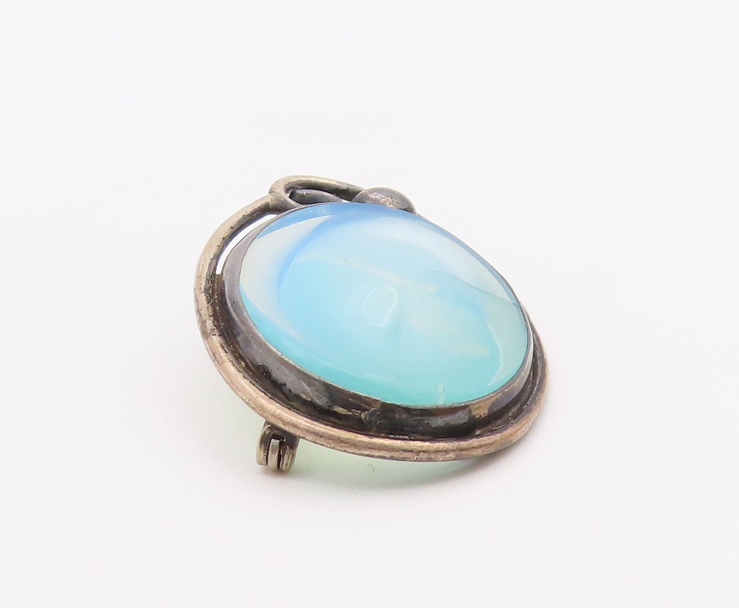 925 Sterling Silver  Vintage Blue Stone Oval Swirl Border Brooch Pin  BP8051