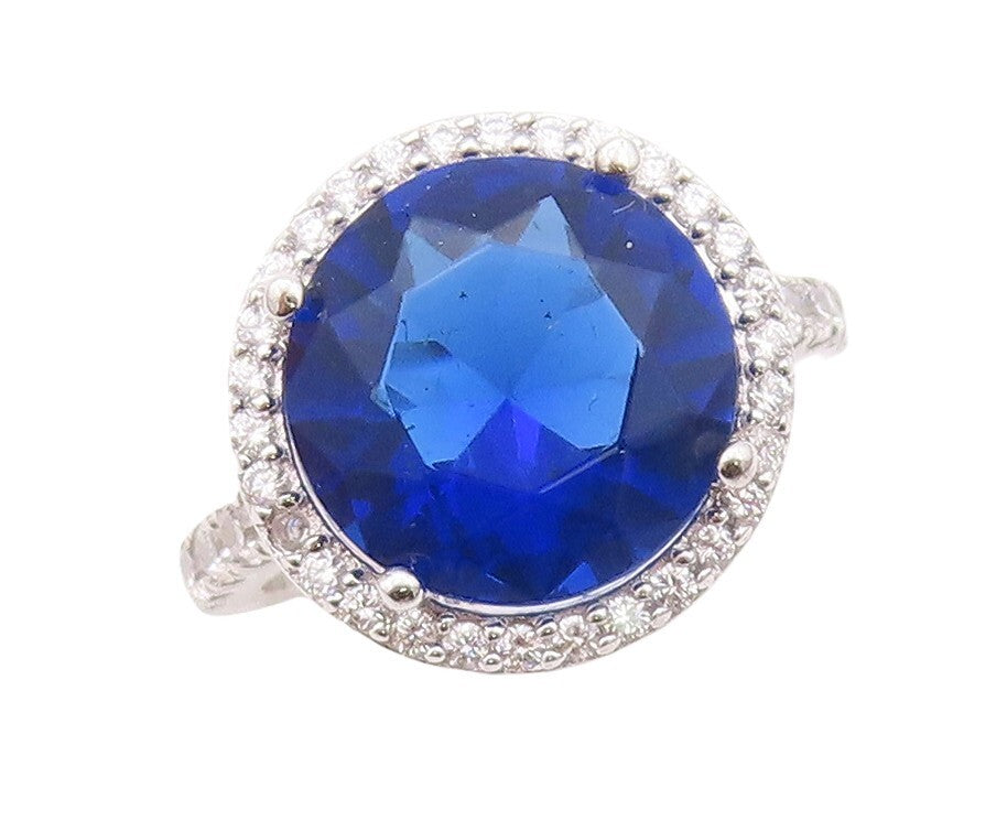 925 Sterling Silver Vintage Ring Round Cut Sapphire Halo Topaz Sz 7  RG30267