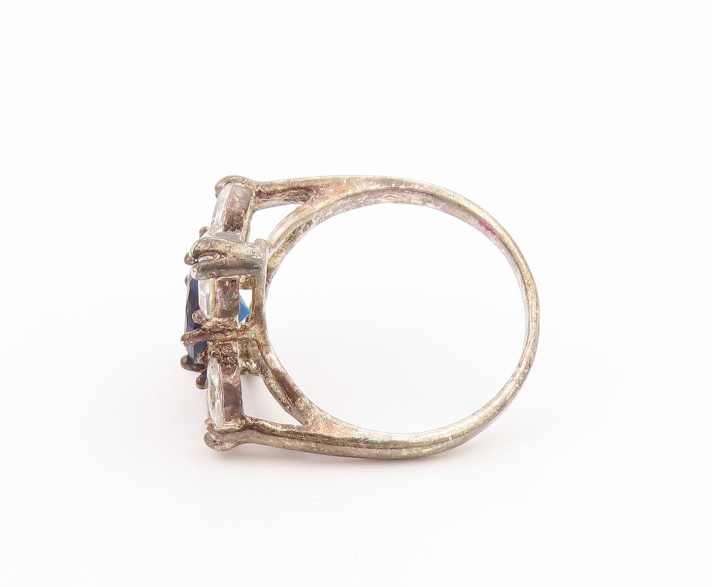 925 Sterling Silver Vintage Ring Blue & White Topaz Flower Band  Sz 8  RG35565