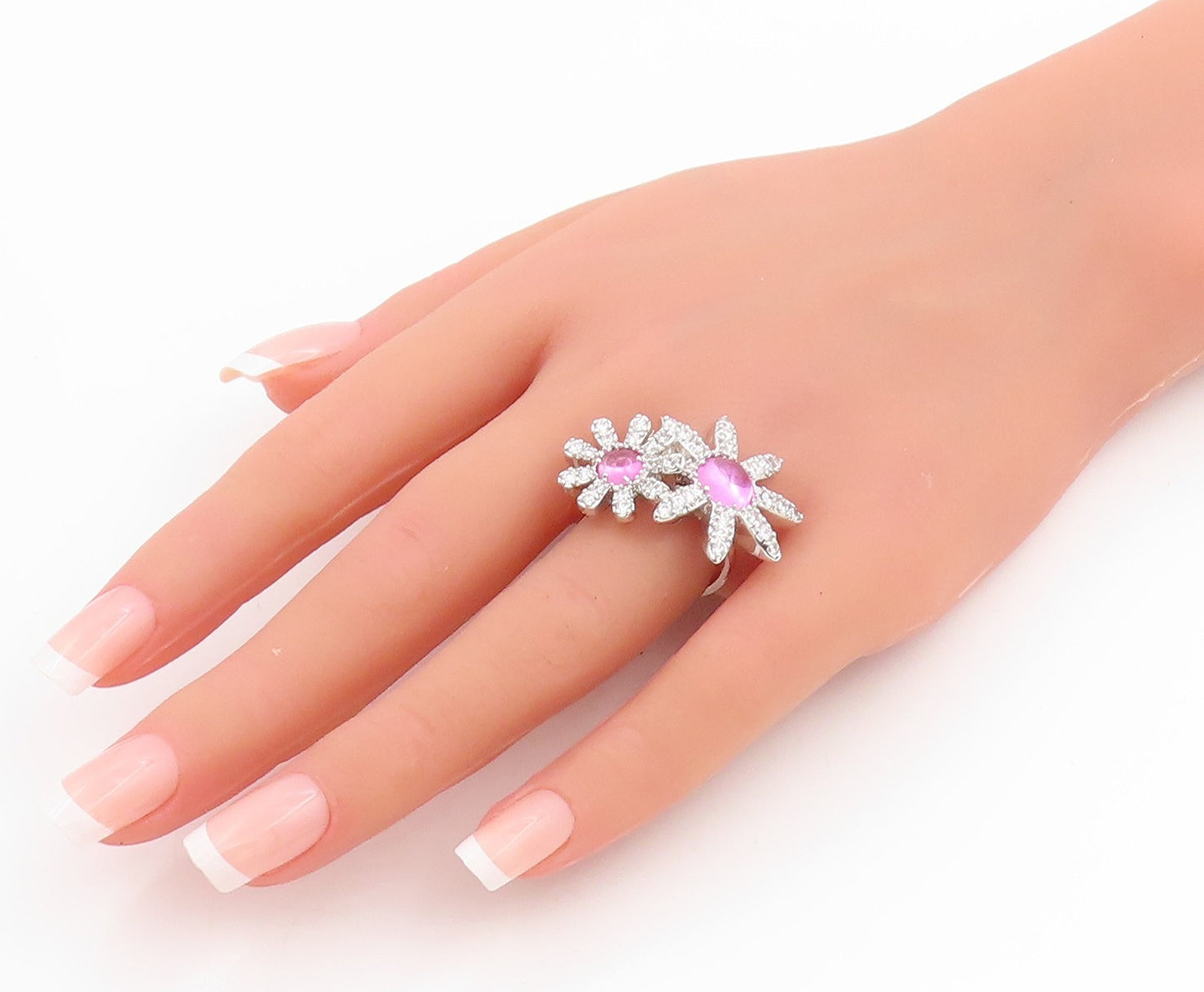 925 Sterling Silver Vintage Ring Pink Gemstone & CZ Floral Petals  Sz 7  RG33924