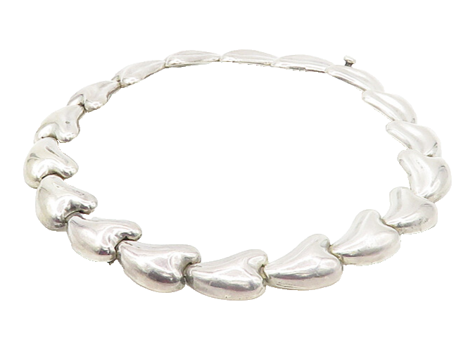 MEXICO 925 Silver  Vintage Shiny Heart Shaped Link Collar Necklace  NE2745