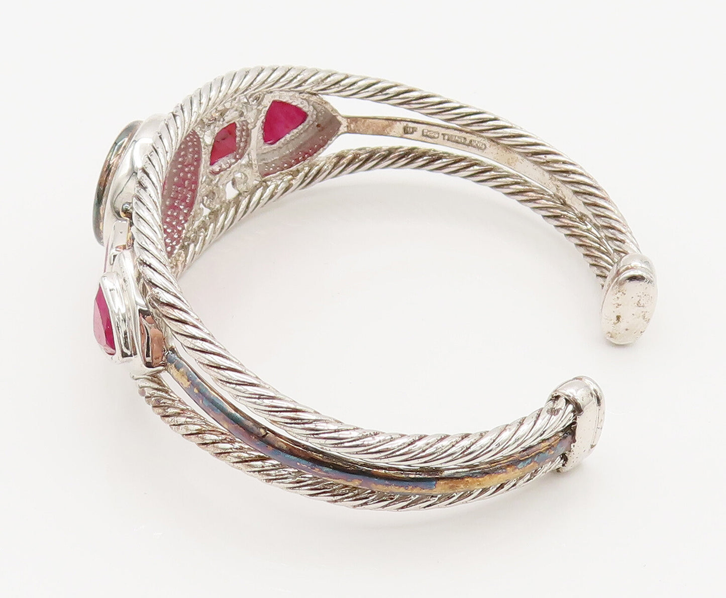 925 Silver  Vintage Two Tone Multi Shape Ruby Openwork Cuff Bracelet  BT9782