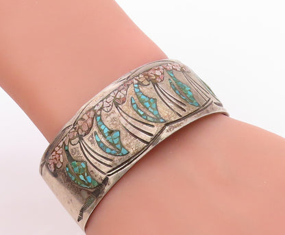 925 Sterling Silver Vintage Bracelet NAVAJO ZUNI Crushed Turquoise Cuff  BT11087