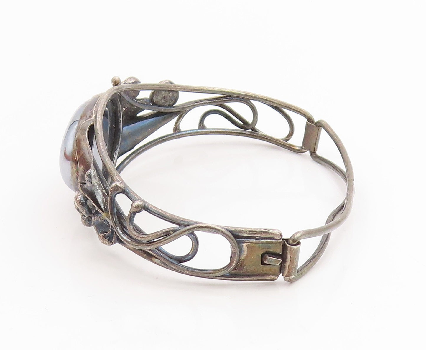 925 Sterling Silver Vintage Bracelet POLAND Hematite Floral Bangle  BT11841