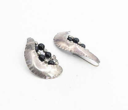 925 Sterling Silver  Vintage Modernist Black Onyx Bead Drop Earrings  EG4445