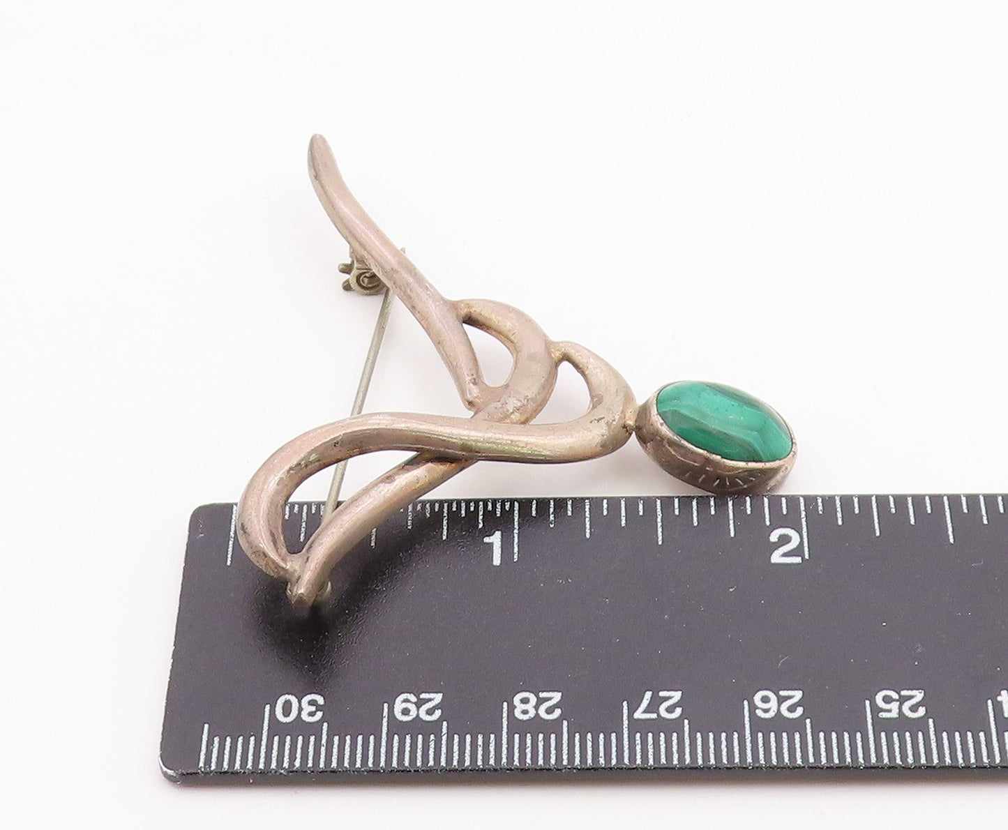 MEXICO 925 Sterling Silver  Vintage Cabochon Cut Malachite Brooch Pin  BP8836