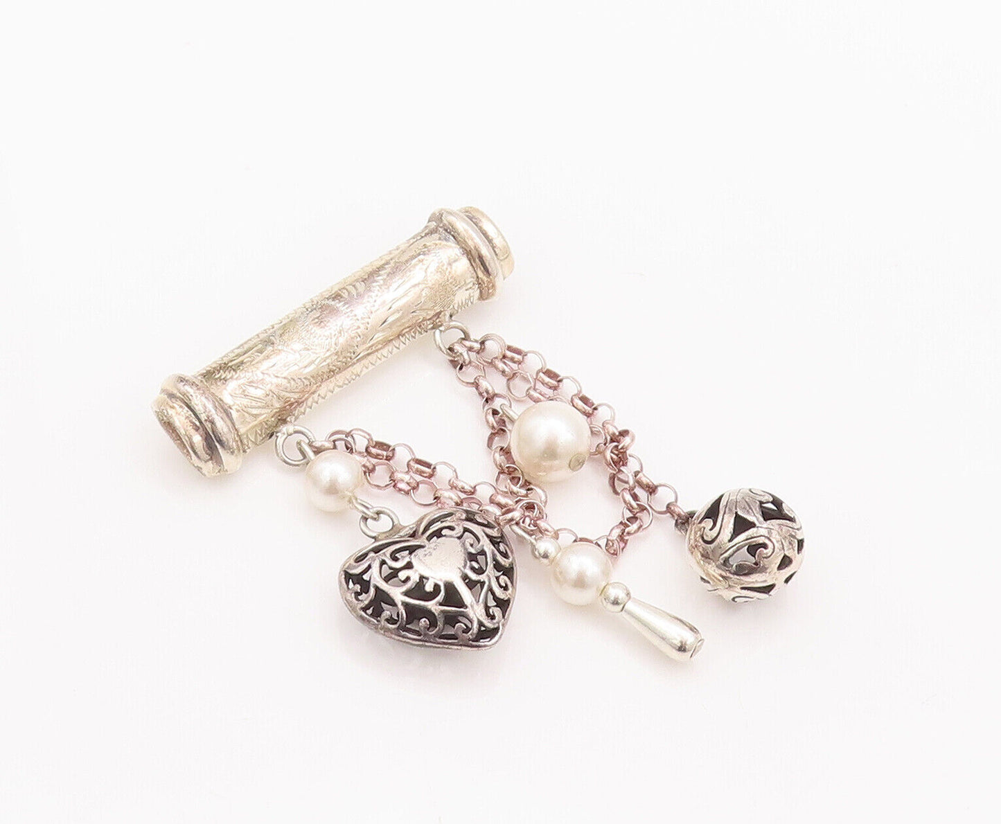 925 Sterling Silver Vintage Brooch Pin Carved Dangling Peal Heart Charms BP10821