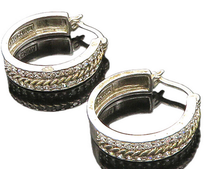 925 Sterling Silver  Vintage White Topaz Two Tone Twist Hoop Earrings  EG11512