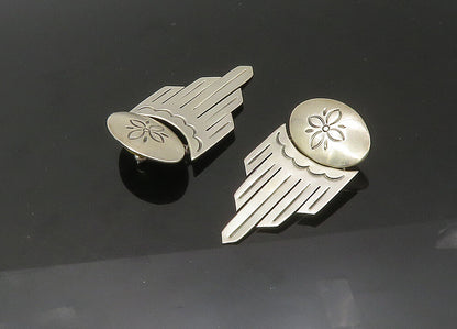 925 Sterling Silver  Vintage Shiny Etched Flower Motif Drop Earrings  EG10967