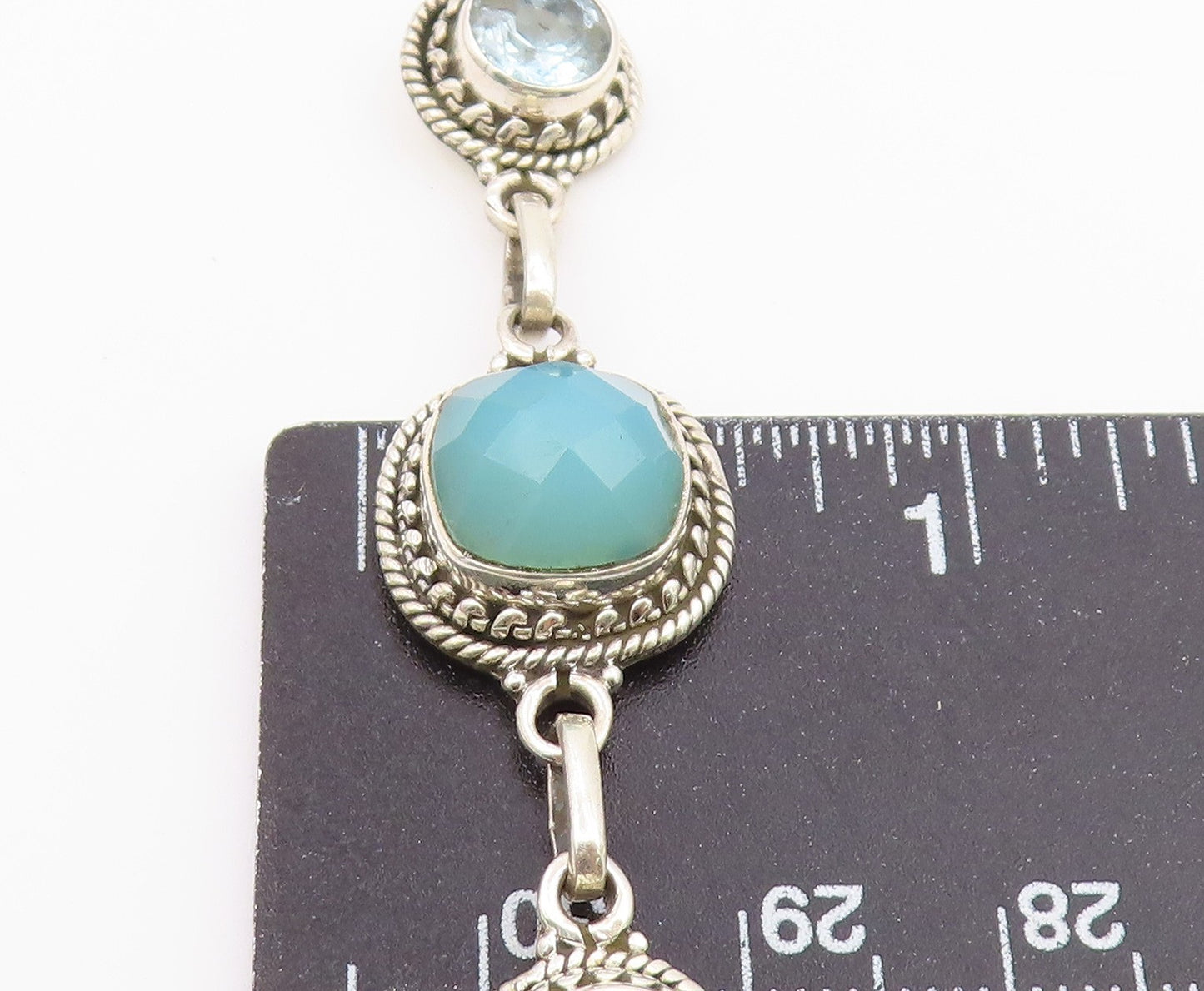 925 Sterling Silver  Aqua Chalcedony & Topaz Shiny Twist Chain Bracelet BT3635