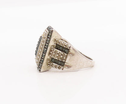 925 Sterling Silver Vintage Ring Rectangle Real Two Tone Diamonds  Sz 8 RG28430