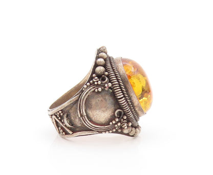 925 Sterling Silver Vintage Ring Dark Tone Carved Cabochon Amber  Sz 6  RG31883