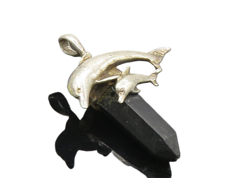 925 Sterling Silver  Vintage Black Onyx Wand Mom & Baby Dolphin Pendant PT7728