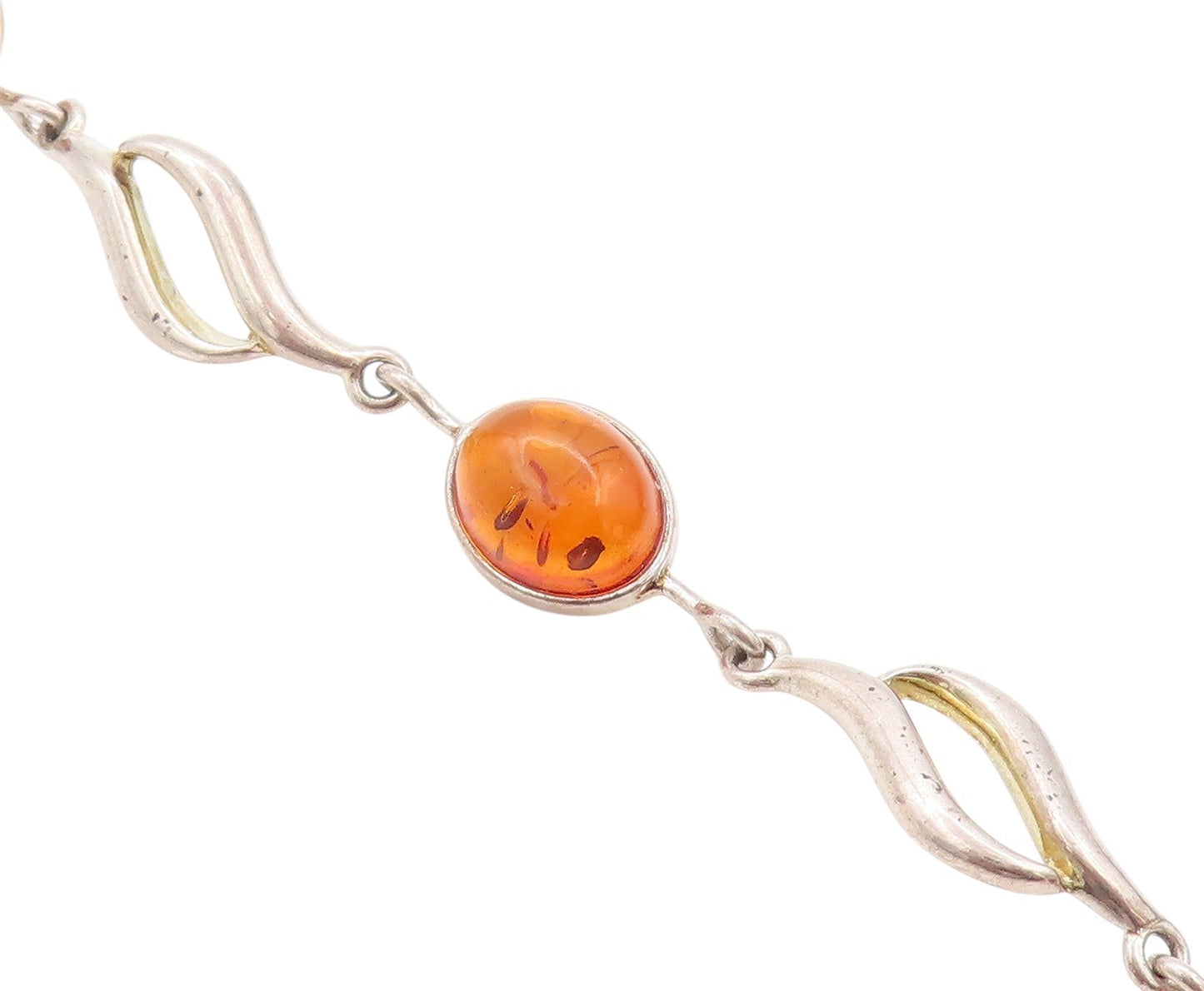 925 Sterling Silver Vintage Bracelet Cabochon Honey Amber Swirly Design  BT11257