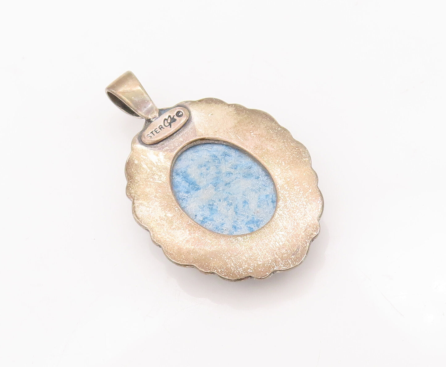 925 Sterling Silver Vintage Pendant CAROLYN POLLACK Oval Lapis Carved  PT22891