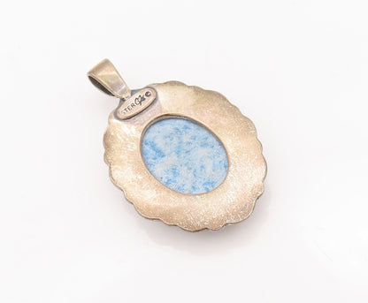 925 Sterling Silver Vintage Pendant CAROLYN POLLACK Oval Lapis Carved  PT22891