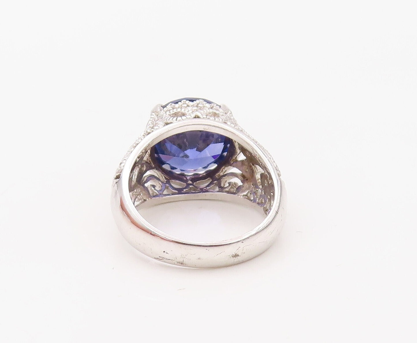 925 Sterling Silver Vintage Ring Swirly Cutout Round Sapphire  Sz 7  RG30782