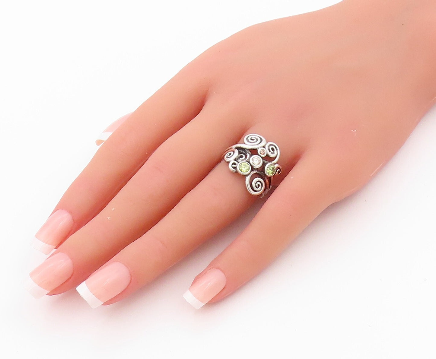 925 Sterling Silver Vintage Ring CZ Peridot Spirals Cutout  Sz 6.5  RG32161