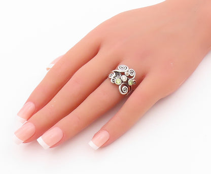 925 Sterling Silver Vintage Ring CZ Peridot Spirals Cutout  Sz 6.5  RG32161