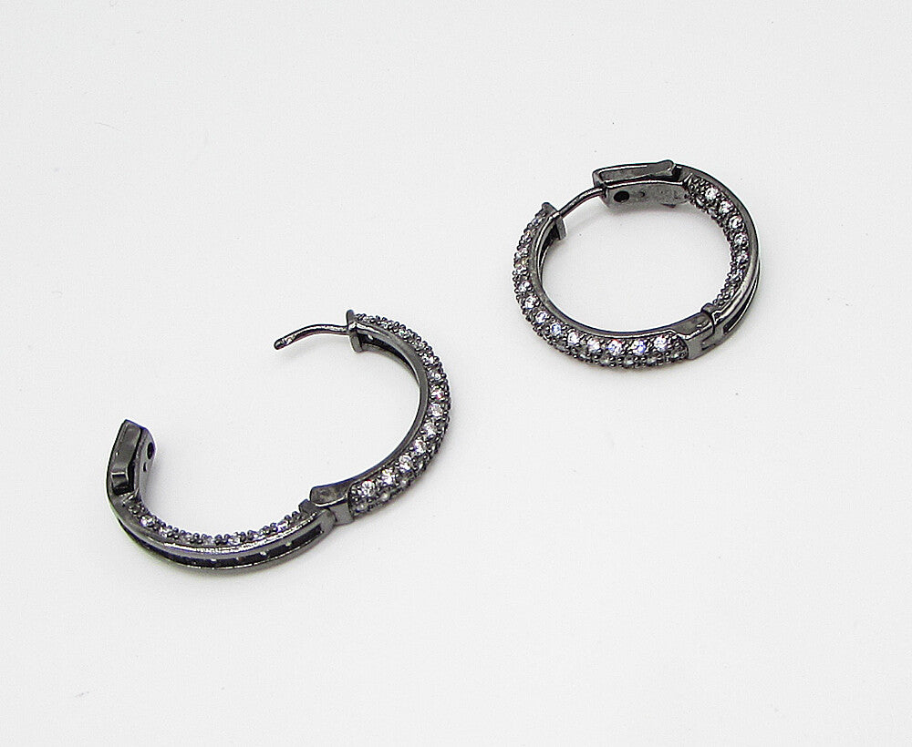 925 Sterling Silver  White Cubic Zirconia Dark Tone Hoop Earrings  EG1441