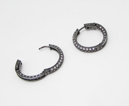 925 Sterling Silver  White Cubic Zirconia Dark Tone Hoop Earrings  EG1441