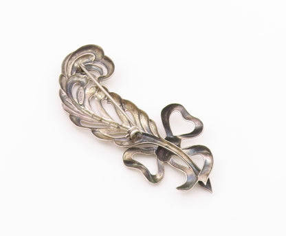 925 Sterling Silver  Vintage Shiny Bow Tied Ribbon Feather Brooch Pin  BP3641