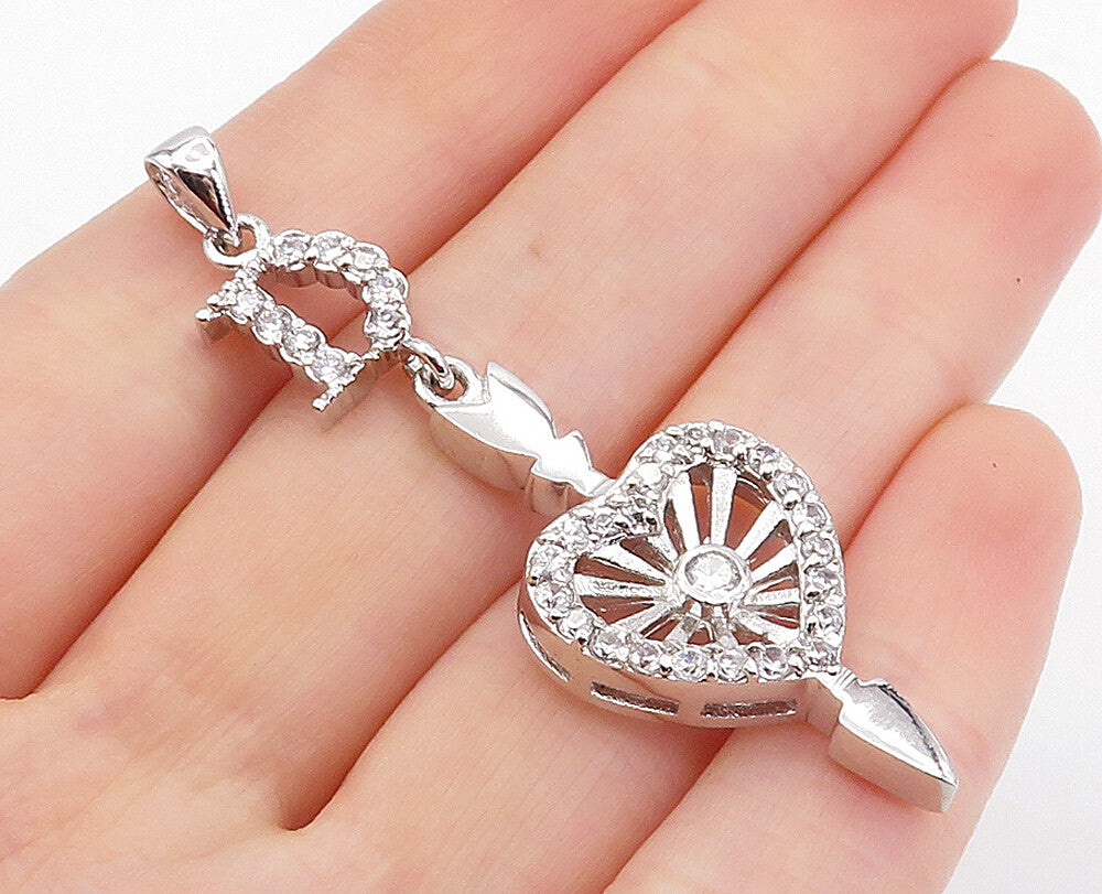 925 Sterling Silver Shiny Topaz Love Heart Bow & Arrow Drop Pendant PT3207