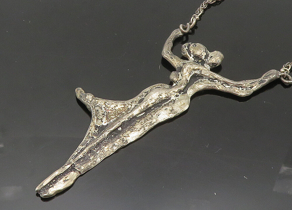 925 Sterling Silver  Vintage Modernist Sculpted Couple Chain Necklace  NE3466