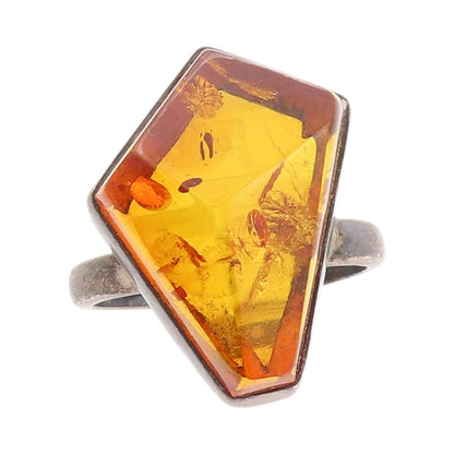925 Sterling Silver Vintage Ring Amorphas Shape Cut Honey Amber  Sz 8.5  RG32677