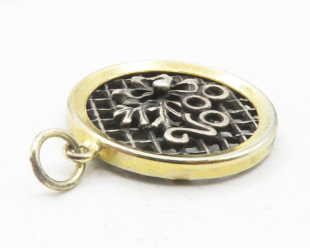 925 Sterling Silver  Two Tone 2000 Floral Ribbon Bow Round Pendant  PT9622