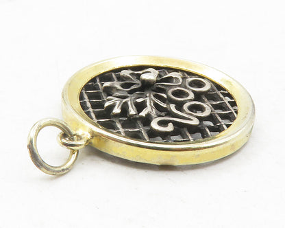 925 Sterling Silver  Two Tone 2000 Floral Ribbon Bow Round Pendant  PT9622