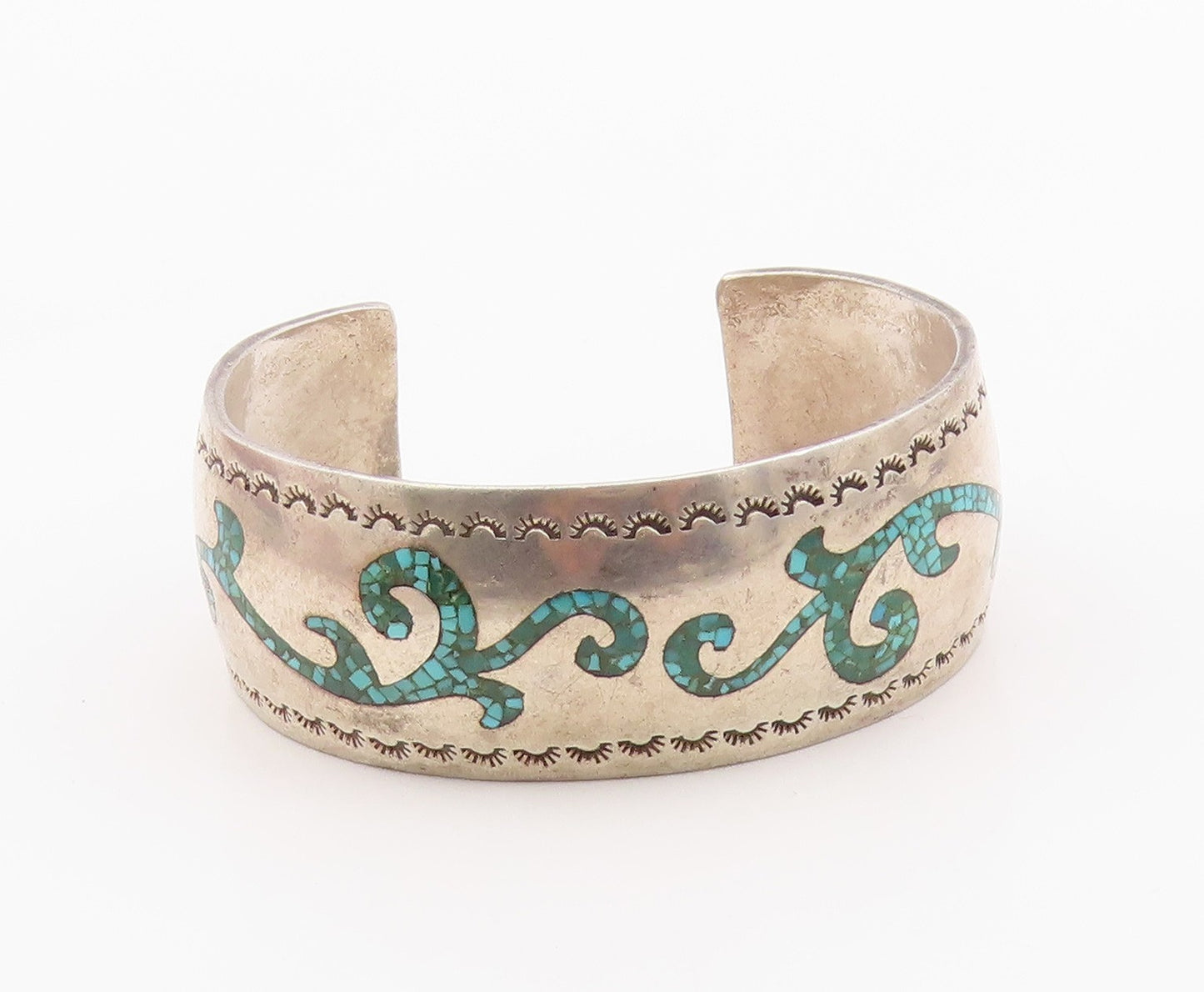 925 Sterling Silver Vintage Bracelet NAVAJO ZUNI Crushed Turquoise Cuff  BT12097