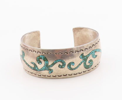 925 Sterling Silver Vintage Bracelet NAVAJO ZUNI Crushed Turquoise Cuff  BT12097