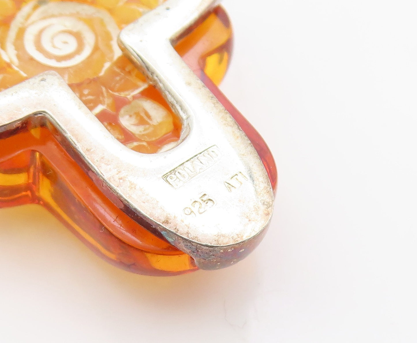 925 Sterling Silver Vintage Pendant POLAND Amber Carved Rose Holy Cross  PT26342