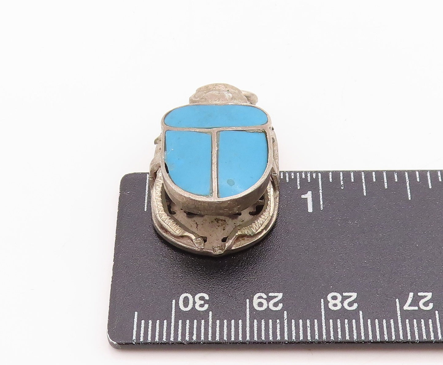 925 Sterling Silver Vintage Pendant Solid Carved Turquoise Scarab  PT24704