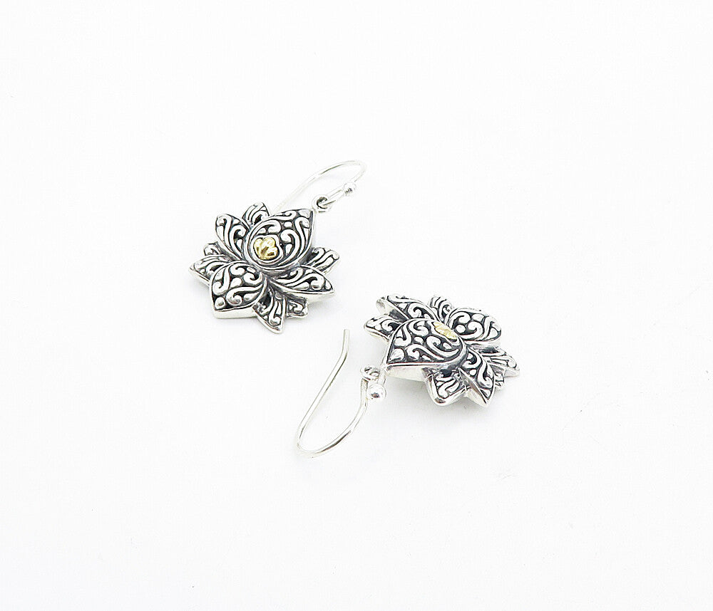 925 Sterling Silver & 18K GOLD  Vintage Lotus Flower Dangle Earrings  EG3334