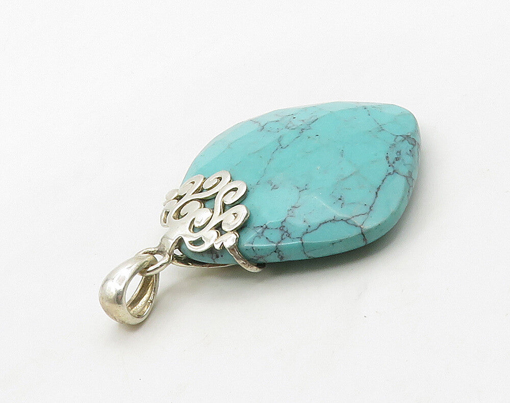 925 Sterling Silver  Vintage Faceted Turquoise Heart Swirl Pendant  PT12647