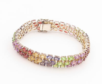 925 Sterling Silver Vintage Bracelet Oval Cut Multi Gemstone Triple Row  BT11689