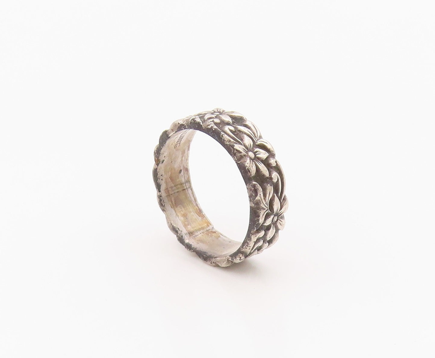 925 Sterling Silver Vintage Ring Carved Daisy Floral Vine Band  Sz 7.5  RG36318