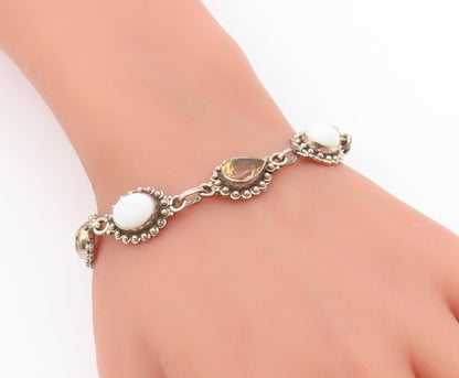 925 Sterling Silver  Vintage Citrine & White Agate Chain Bracelet  BT3606
