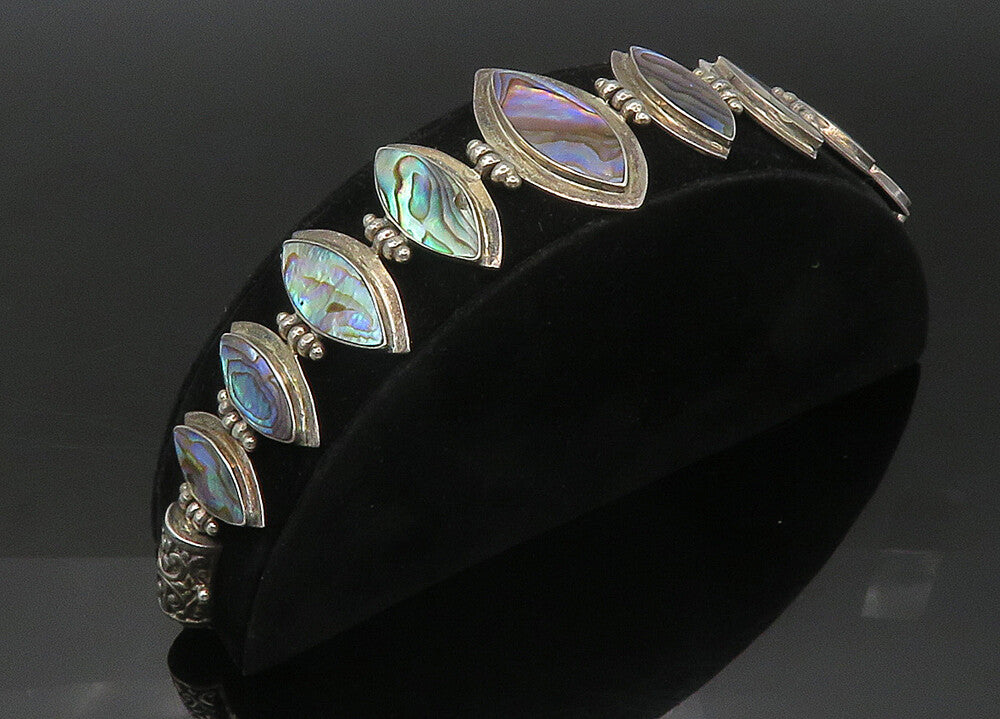 925 Sterling Silver  Vintage Graduated Abalone Shell Chain Bracelet  BT8793