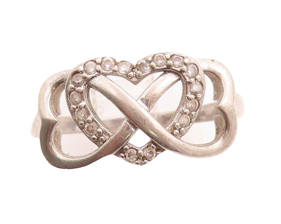 925 Sterling Silver Vintage Ring Topaz Inlay Infinity Hearts Cutout Sz 8 RG31629