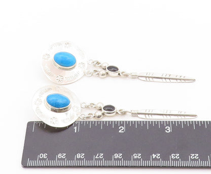 925 Sterling Silver Vintage Earrings MEXICO Etched Turquoise Drop Onyx  EG13575