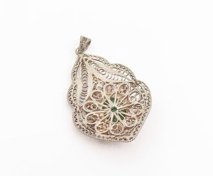 925 Sterling Silver Vintage Pendant Green Onyx Intricate Filigree Locket PT26253