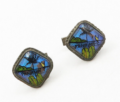 925 Sterling Silver  Vintage Enamel Panama Island Scene Cufflinks  TR2431